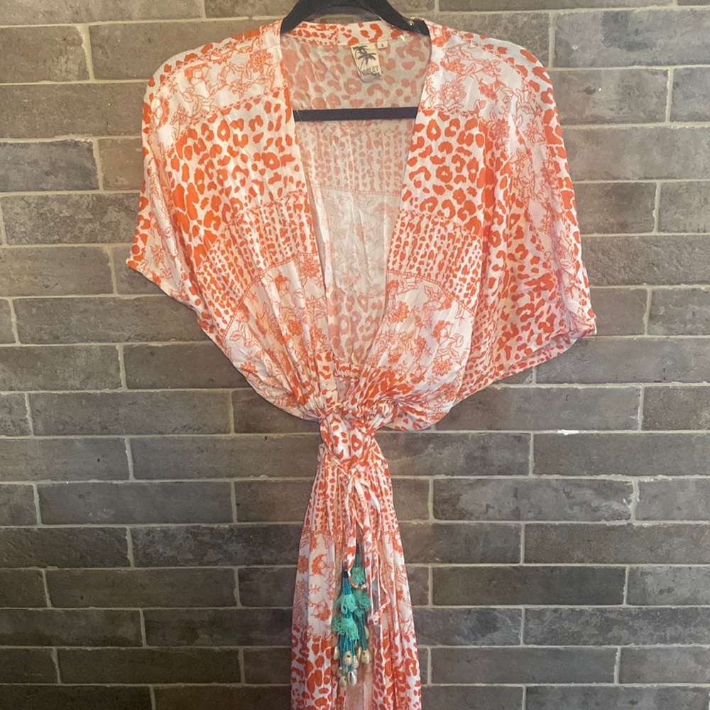 Swim suit cover up, kimono style, shelled, beaded fringed belt attached
